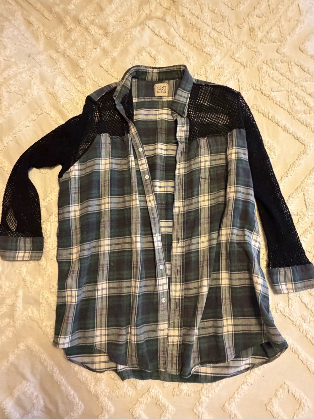 Furst of a Kind Plaid Button-Down Shirt with Black fishnet Sleeves - Green Plaid